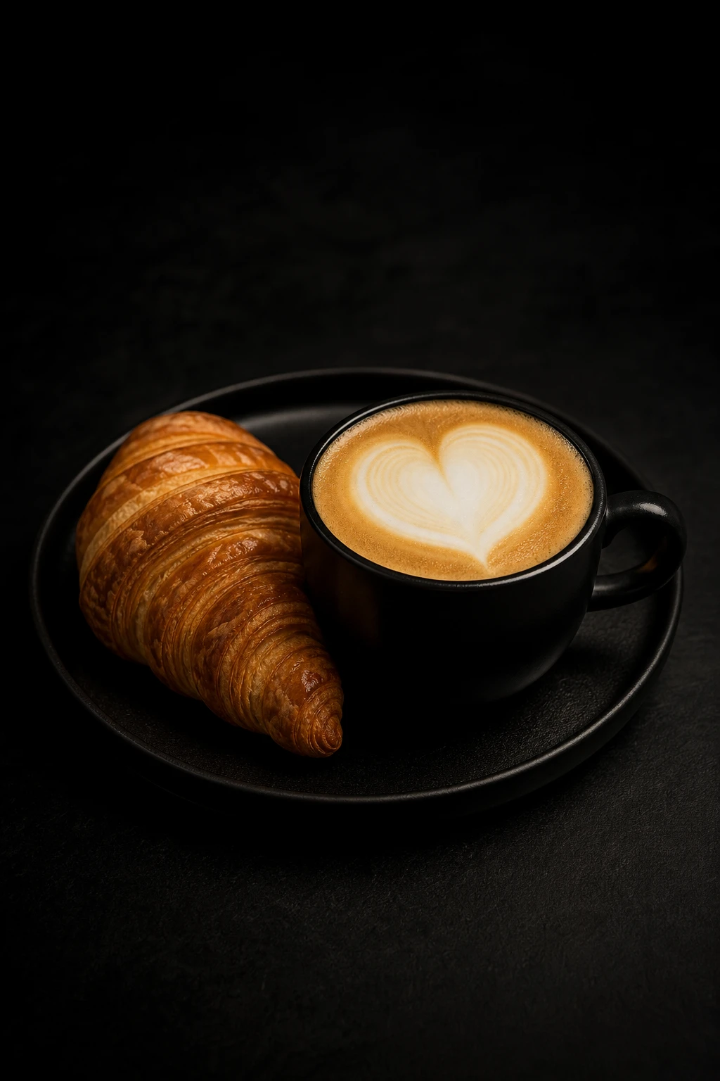 Flat White cu latte art și croissant servite la CAF
